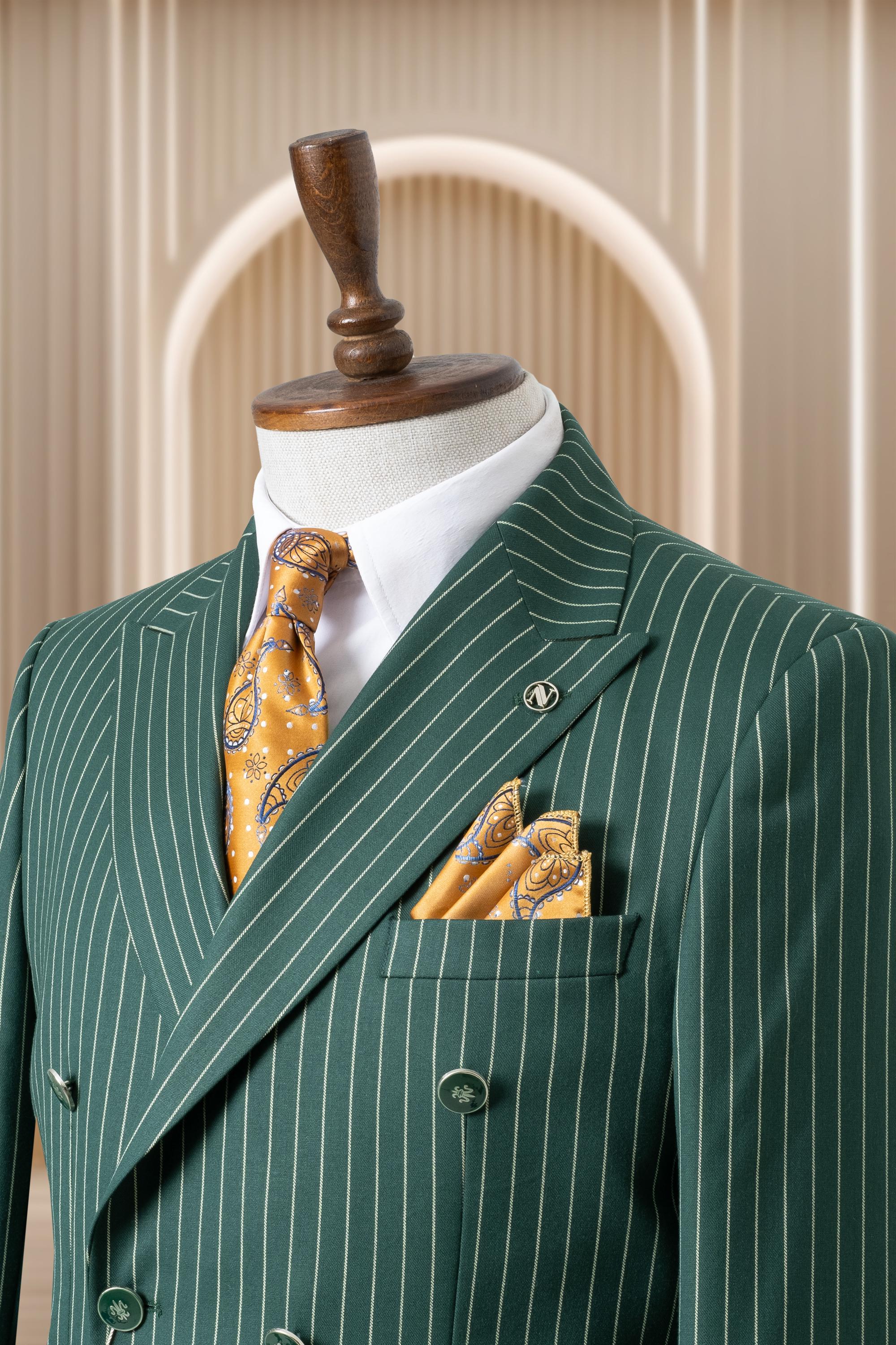 Double Breasted Striped Green Men's Suit, 6 Button Casual