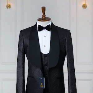 Black Tuxedo, Jacquard, Shawl Lapel, Men&#39;s Tuxedo, Wedding Suit Include Blazer , Vest and Pants Grooms Suit