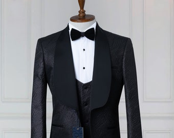 Black Tuxedo, Jacquard, Shawl Lapel, Men&#39;s Tuxedo, Wedding Suit Include Blazer , Vest and Pants Grooms Suit