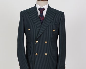 Double Breasted Green, Striped- Golden Button Men's Suit,Corporate Wear