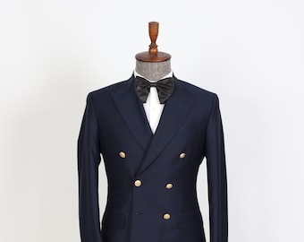 Double Breasted Navy Blue Men’s Suit, Golden 6 Button Casual , Slim Fit, Classic Wear Men's Suit