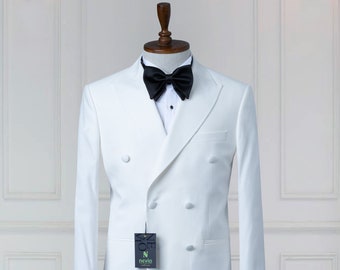 White Men&#39;s Tuxedo - Groom Suit - Wedding Suit  Peak Lapel Slim Fit Double Breasted Men&#39;s Suit