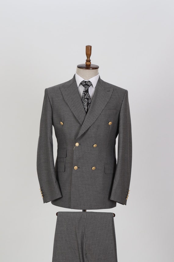 Double Breasted Gray Striped Golden Button Men s Suit corporate