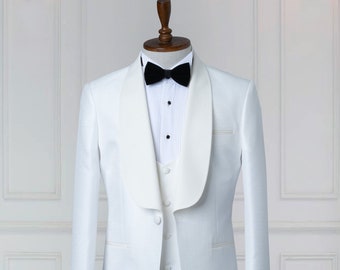 Esmoquin blanco, jacquard, solapa chal, esmoquin para hombre, traje de boda que incluye blazer, chaleco y pantalón Traje de novio