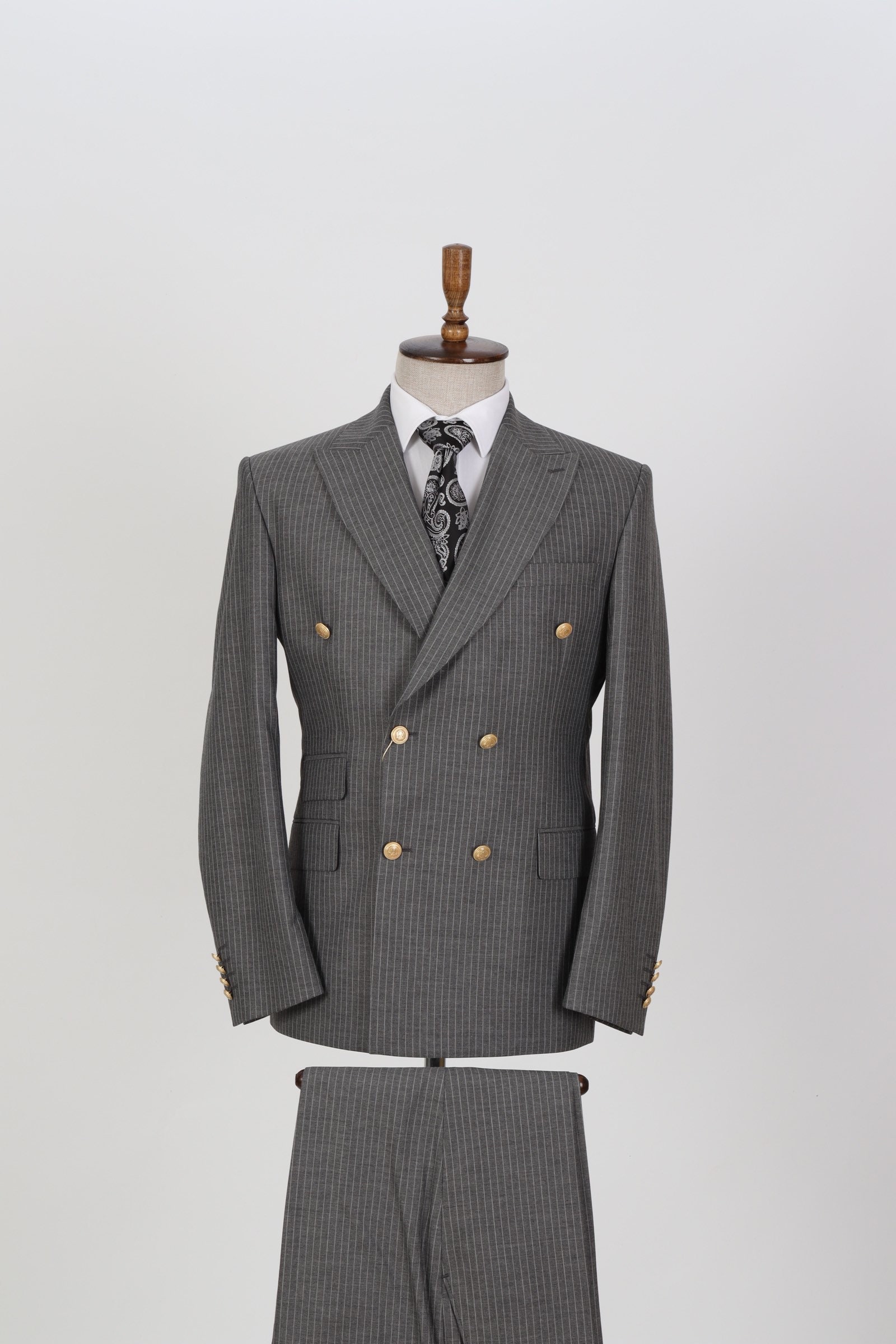 Double Breasted Gray, Striped- Golden Button Men's Suit Double Breasted Gray, Striped- Golden Button Men's Suit