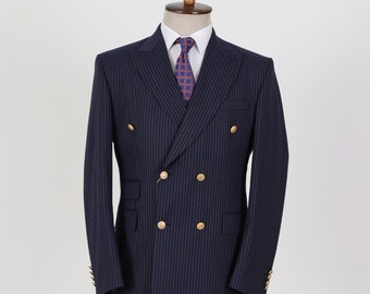 Double Breasted Navy Blue, Striped- Golden Button Men's Suit,Corporate Wear