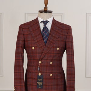 Red Checked Wool Men&#39;s Suit: Slim Fit Double Breasted