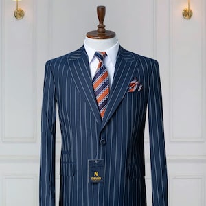 Men’s Striped Suit, Peak Lapel Blazer With Pin Stitching , Classic Pants, Navy Blue Color , Formal and Casual Wear
