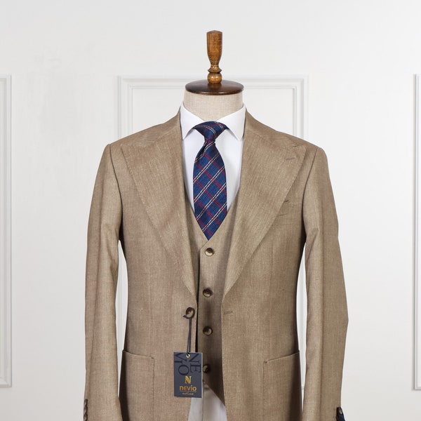 Linen Material Men’s  Suit Patch Pocket Blazer, Drawstring Pants & Vest