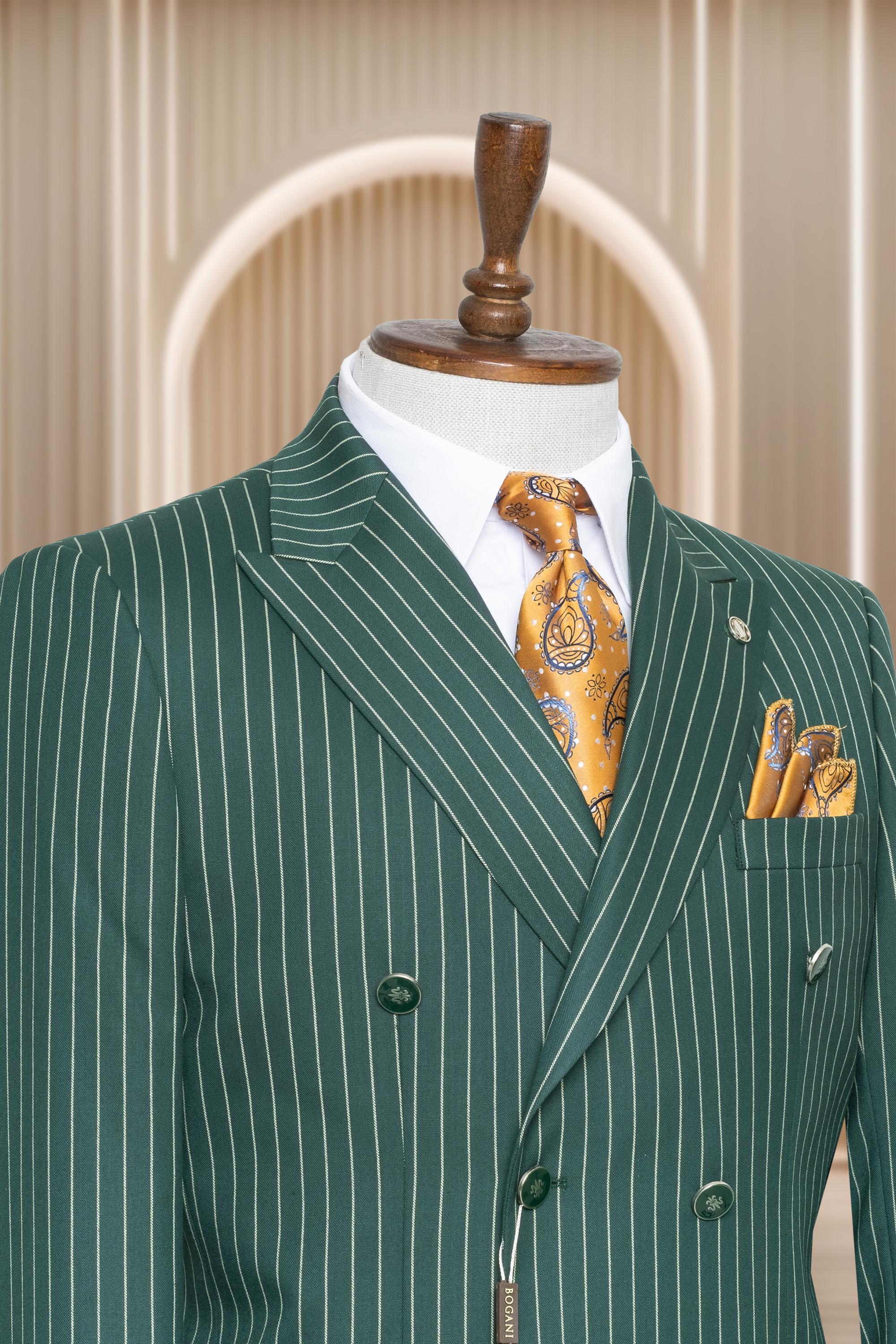 Double Breasted Striped Green Men's Suit, 6 Button Casual