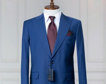 Costume homme classique en laine super tissée 220's, revers en pointe avec surpiqûres, parfait pour les affaires, bleu marine, gris, bleu