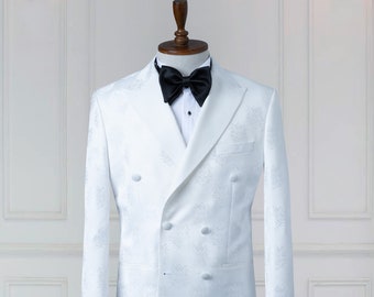 Esmoquin Hombre Jacquard Blanco - Traje de Novio - Traje de Novia Traje de Hombre Solapa Pico Slim Fit Doble Botonadura