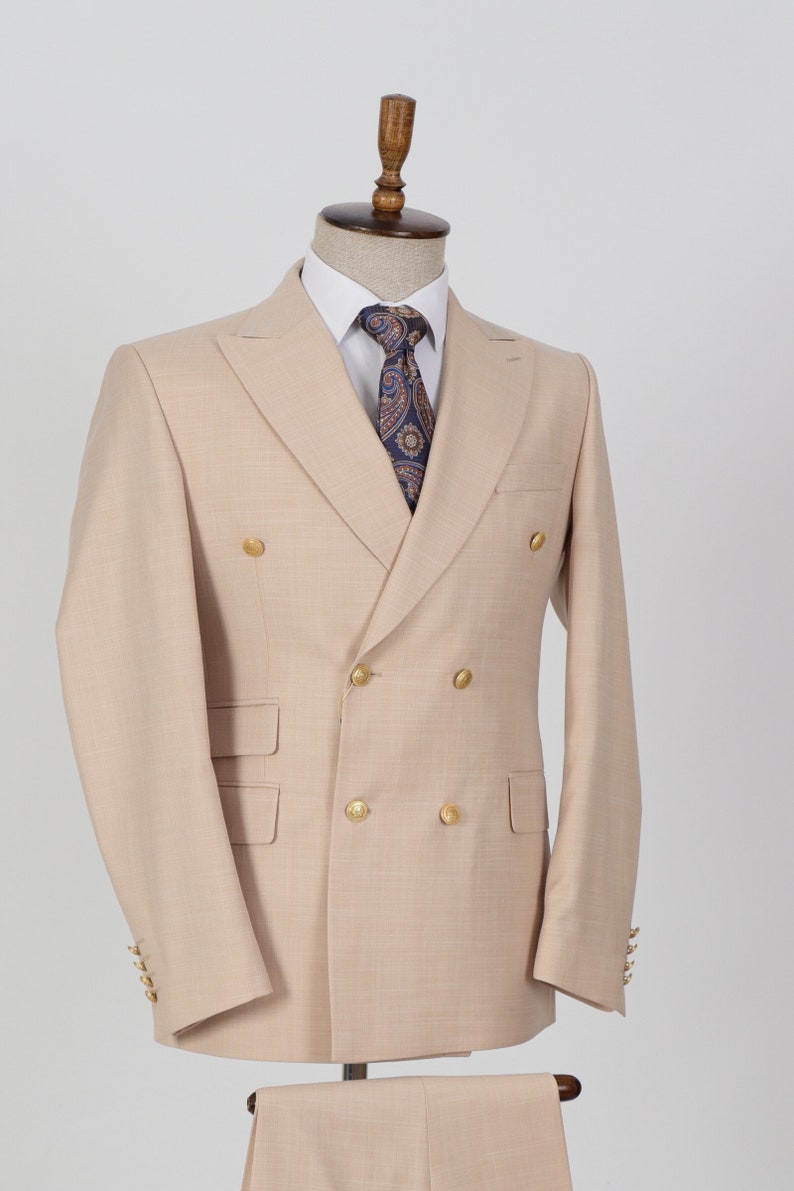 Double Breasted Beige Color Mens Suit Golden 6 Button Casual Etsy