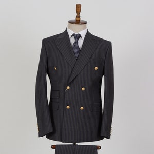Double Breasted Charkol Gray  Color, Striped- Golden Button Men&#39;s Suit