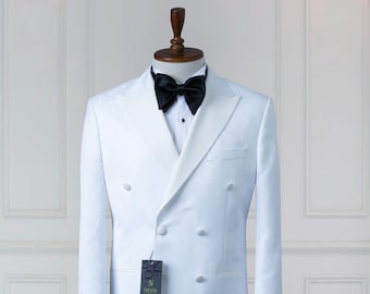 Esmoquin Hombre Jacquard Blanco - Traje de Novio - Traje de Novia Traje de Hombre Solapa Pico Slim Fit Doble Botonadura