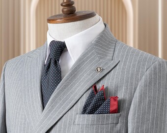 Slim Fit Striped Gray Wool Suit: Double Breasted, Peak Lapel
