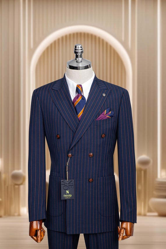 Striped Green Wool Blend Men's Suit: Slim Fit Double Breasted
