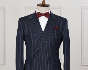 Navy Blue Peaked Lapel Double Breasted Mens Suit Online