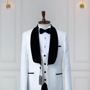 Three Piece  White Jacquard , Shawl Lapel, Men's Tuxedo - Wedding Suit Include Blazer , Vest and Pants Grooms Suit