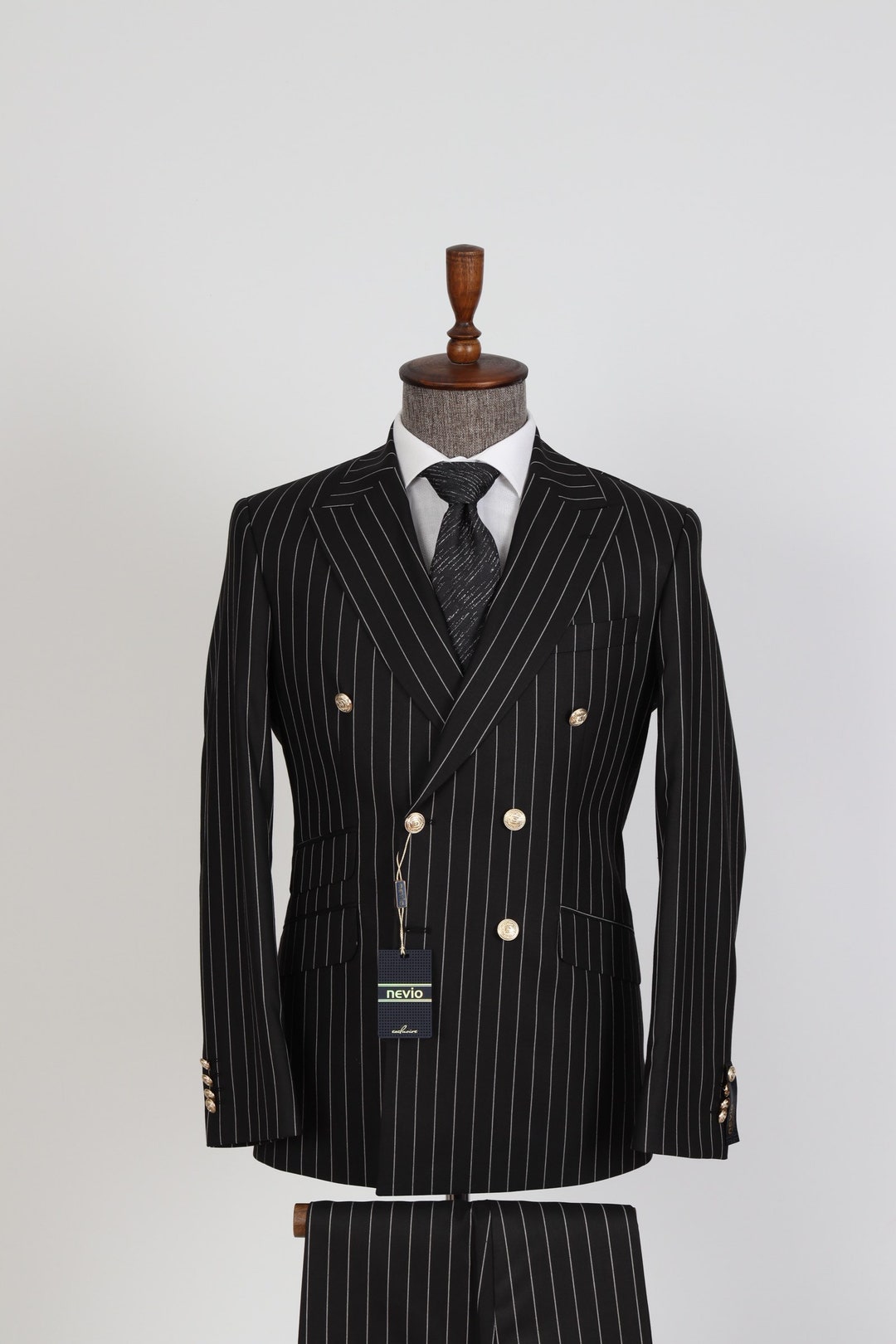 Double Breasted Black Striped Golden Button Men's Suit - Etsy