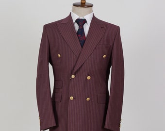 Double Breasted Maroon Color, Striped- Golden Button Men's Suit