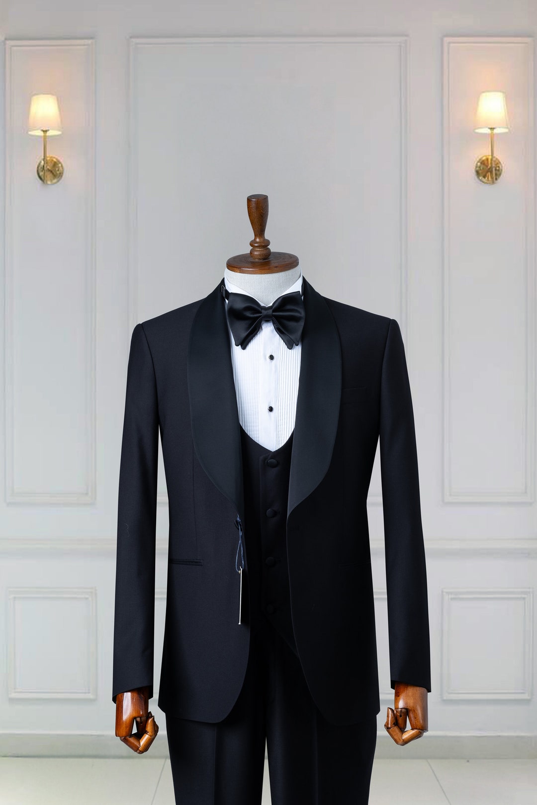 Mens Black Western Tuxedo Suit – Satin Shawl Lapel Blazer with Double Breasted Vest Set main image 0