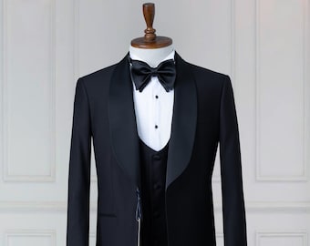 Three Piece  Black  , Shawl Lapel, Men's Tuxedo - Wedding Suit Include Blazer , Vest and Pants Grooms Suit