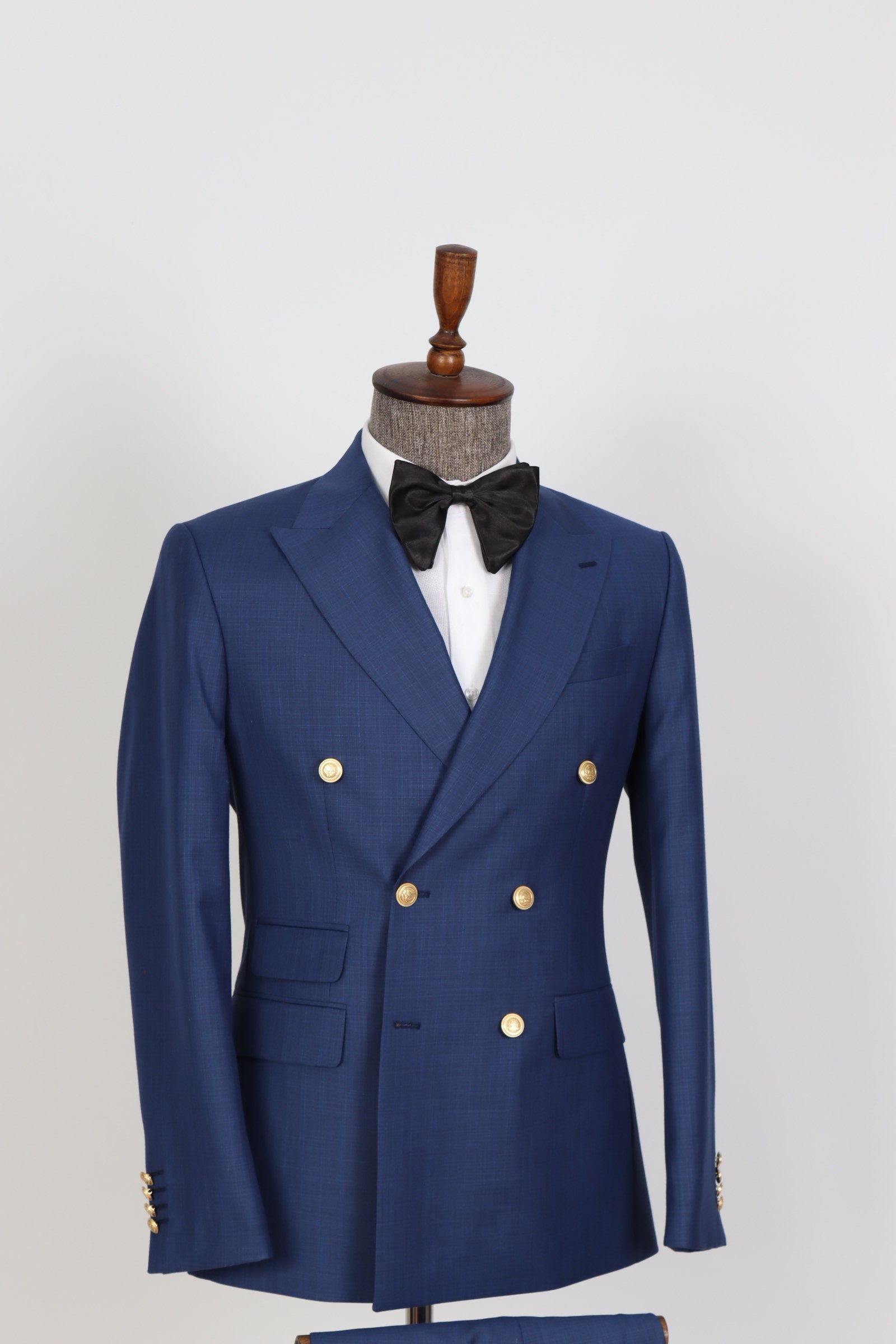 Double Breasted Navy Blue Mens Suit Golden 6 Button Casual Slim
