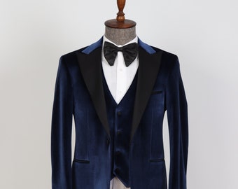 Velvet Three Piece, Peak Lapel Men’s Groom Suit ,  Men&#39;s Tuxedo - Wedding Suit