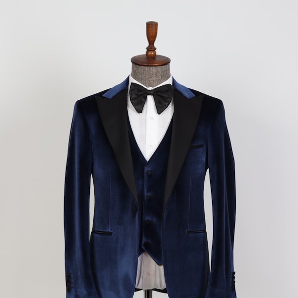 Velvet Three Piece, Peak Lapel Men’s Groom Suit ,  Men's Tuxedo - Wedding Suit