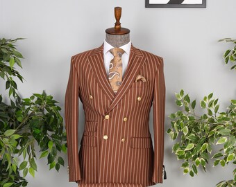 Double Breasted Brown, Striped - Golden Button Men's Suit