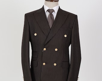 Double Breasted Brown, Striped- Golden Button Men's Suit,Corporate Wear