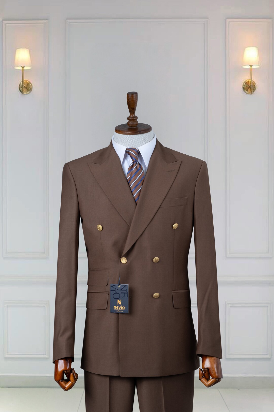 Mens Classic Wool Feel Double Breasted Suit in Brown
