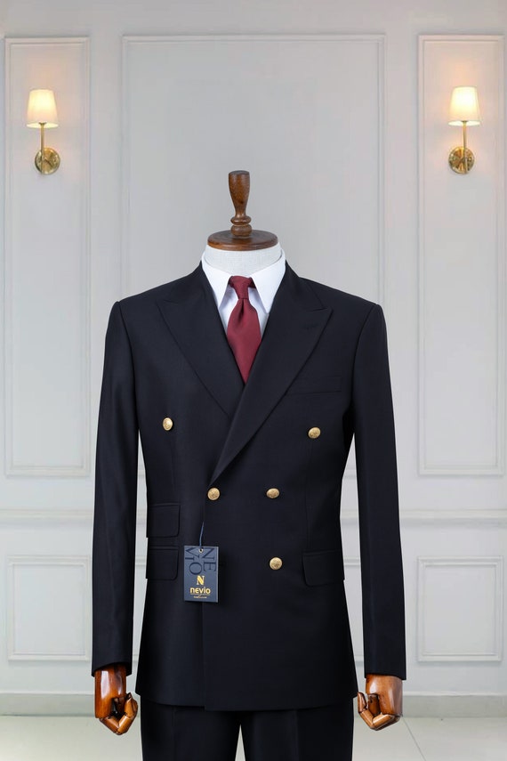 Double Breasted Solid Black Color Men's Suit, Casual , Slim