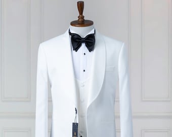 Three Piece  White  , Shawl Lapel, Men's Tuxedo - Wedding Suit Include Blazer , Vest and Pants Grooms Suit