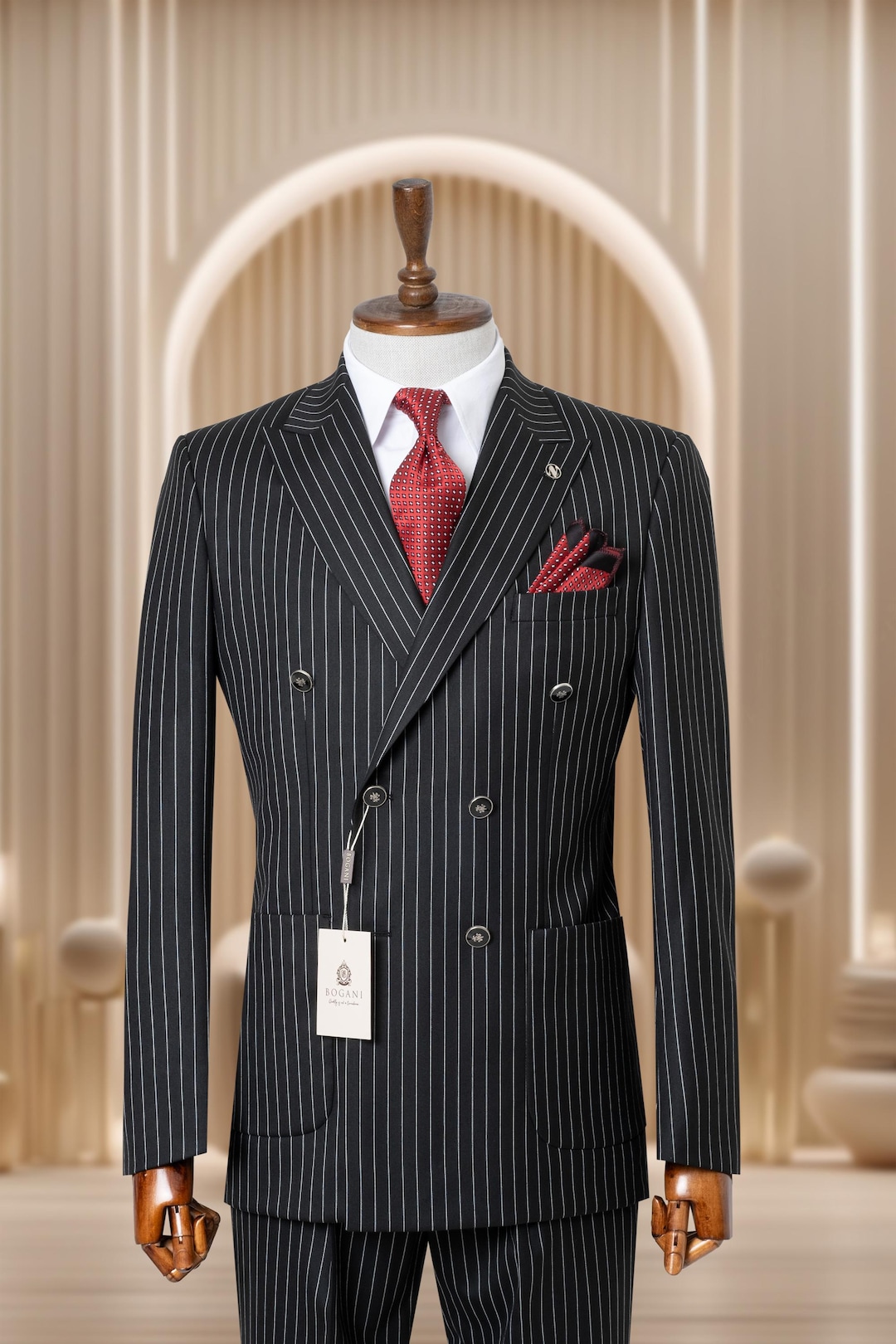 スーツ 50's style shadow double check suit Striped Black Double Breasted Men's Suit: Slim Fit Wool
