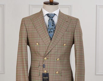 Double Breasted Beige Checked Men’s Suit, Golden 6 Button Casual , Slim Fit, Classic Wear Men's Suit, Corporate Wear , Casual Wear