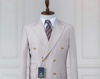 Double Breasted Beige Men’s Suit, Casual , Slim Fit, Classic Wear, Gift For Him