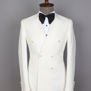 Off White Wool Tuxedo: Slim Fit Double Breasted Groom Suit