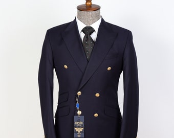 Double Breasted Dark Blue Black - Golden Button Men Suit