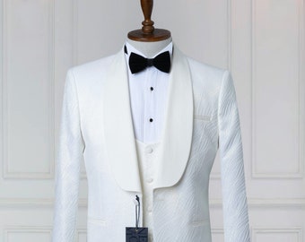White Tuxedo, Jacquard, Shawl Lapel, Men's Tuxedo, Wedding Suit Include Blazer , Vest and Pants Grooms Suit
