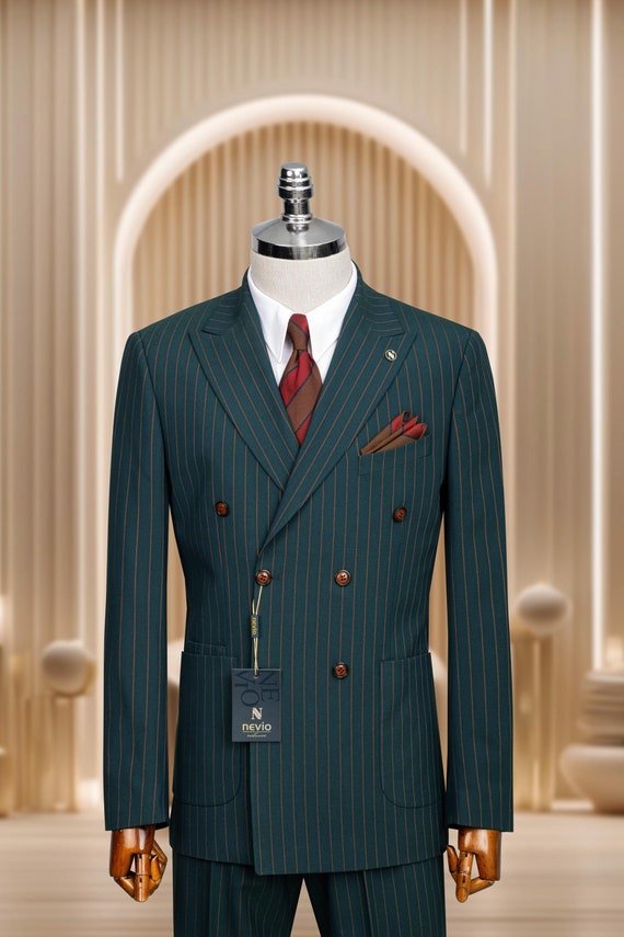 Double Breasted Striped Green Men's Suit, 6 Button Casual