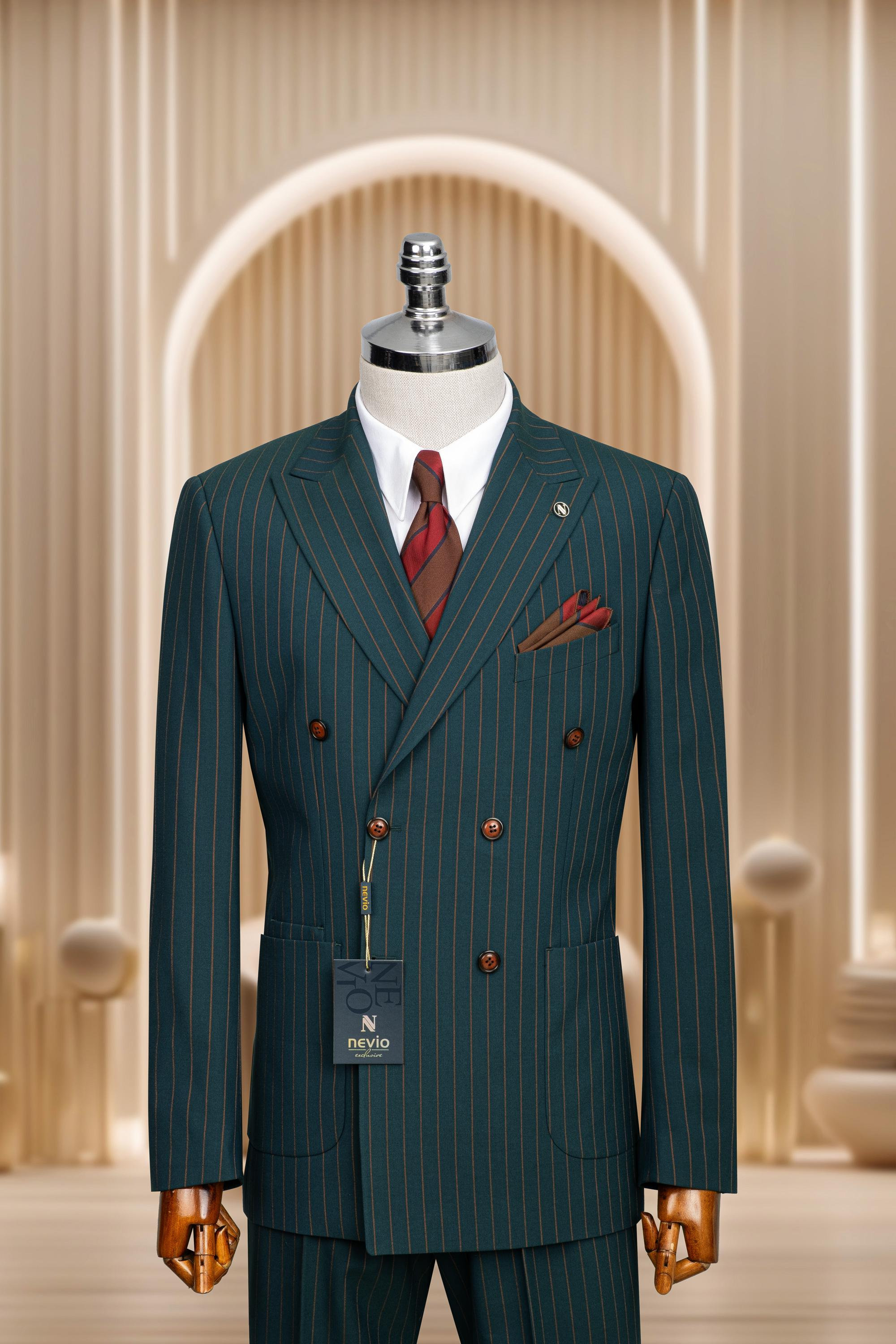 Striped Green Wool Blend Men's Suit: Slim Fit Double Breasted