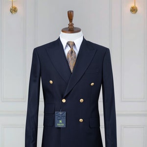 Double Breasted Solid Navy Blue Color Men’s Suit, Casual , Slim Fit, Classic Wear