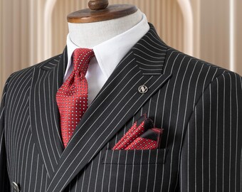 Double Breasted Striped Black Men's Suit,6 Button Casual