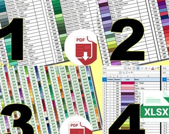 ¡Paquete definitivo! Carta de colores de pintura de diamantes DMC por color y matices - 4 archivos PDF y Excel - Carta completa de códigos de colores de bordado de diamantes