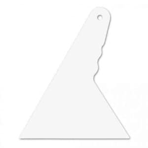 May include: White plastic squeegee with a rounded handle and a pointed edge. The squeegee is designed for applying adhesive vinyl or other materials to surfaces.
