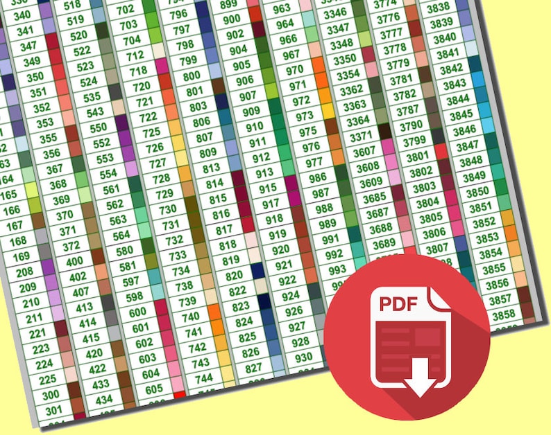 Puede incluir: Una tabla de colores con n&uacute;meros del 340 al 993 y del 3346 al 3858. La tabla est&aacute; impresa en un fondo blanco con bordes verdes alrededor de cada n&uacute;mero. La tabla es un documento PDF.