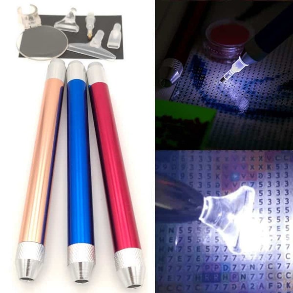 LED-Lichtstift für Diamantmalerei + Lupe + 4 Spitzen. Um die Strassperlen einzufangen und bei Diamantstickereien besser zu sehen.