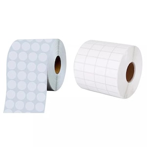 May include: Two rolls of white adhesive labels. One roll has round labels and the other has rectangular labels.
